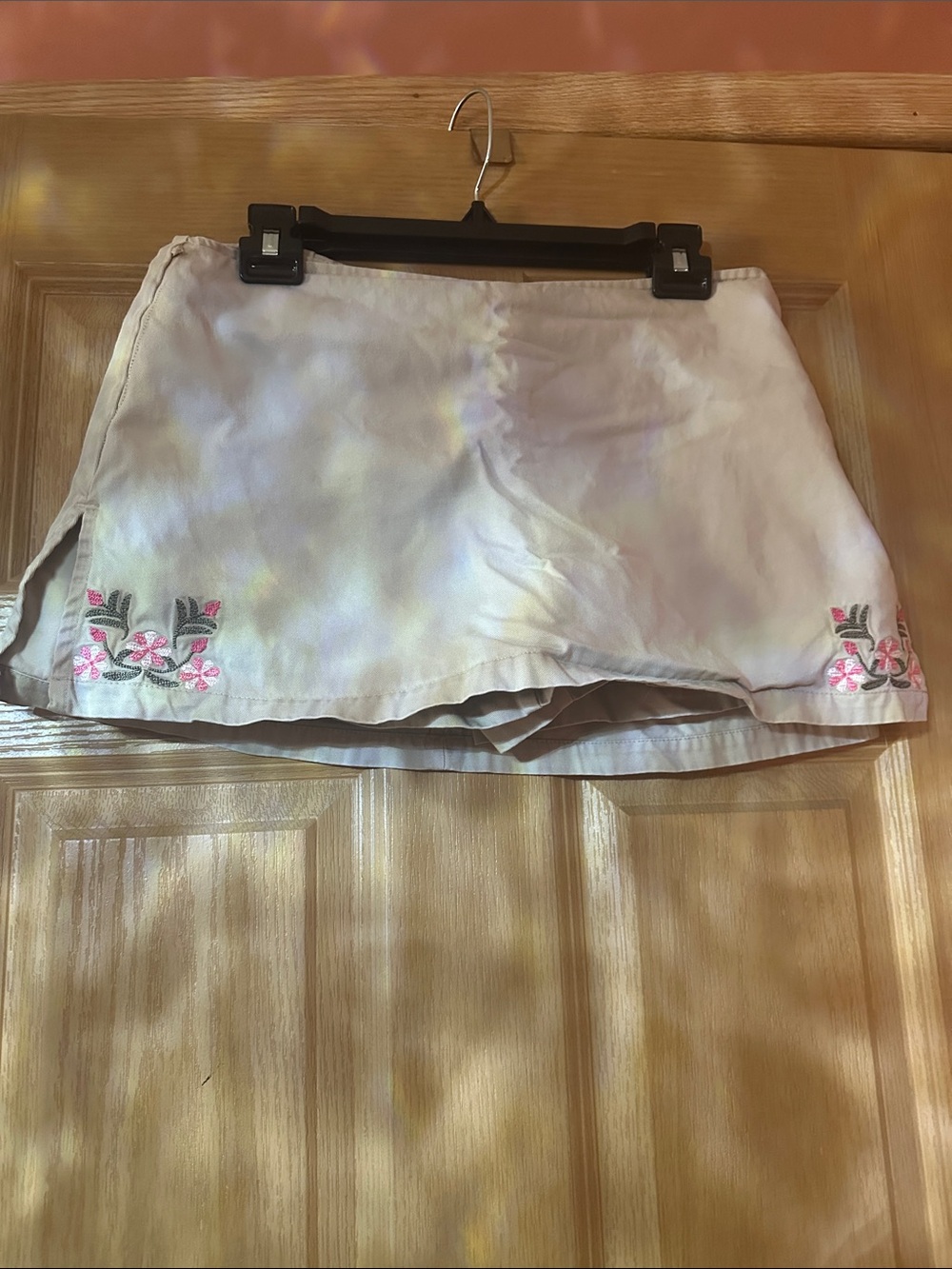 Blue Asphalt Light Beige Mini Skort with Pink Floral Embroidery